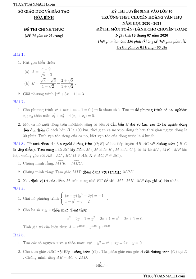 Đề thi vào 10 môn Toán năm 2020 – 2021 trường chuyên Hoàng Văn Thụ – Hòa Bình (đề chuyên)