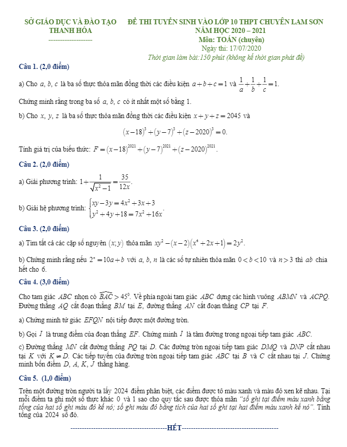 Đề thi vào 10 môn Toán năm 2020 – 2021 trường THPT chuyên Lam Sơn – Thanh Hóa