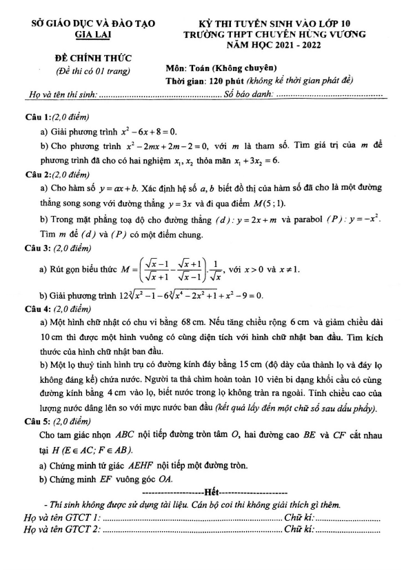 Đề thi vào 10 môn Toán năm 2021 – 2022 trường chuyên Hùng Vương – Gia Lai