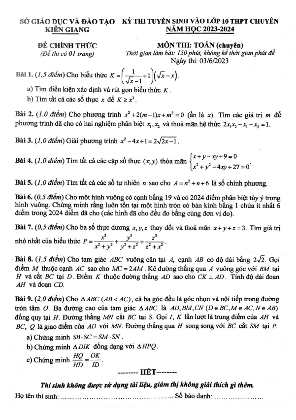 Đề thi vào lớp 10 chuyên môn Toán (chuyên) năm 2023 – 2024 sở GD&ĐT Kiên Giang