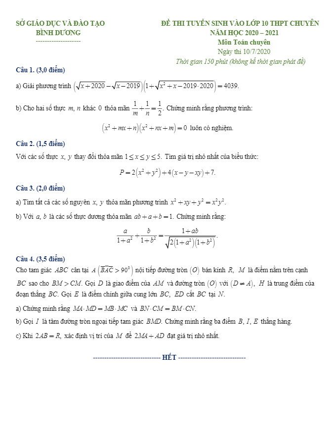 Đề thi vào lớp 10 chuyên môn Toán năm 2020 – 2021 sở GD&ĐT Bình Dương (chuyên)