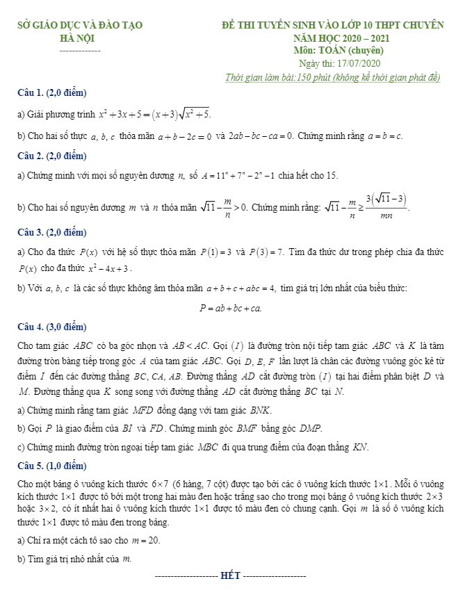 Đề thi vào lớp 10 chuyên môn Toán năm 2020 – 2021 sở GD&ĐT Hà Nội (chuyên)