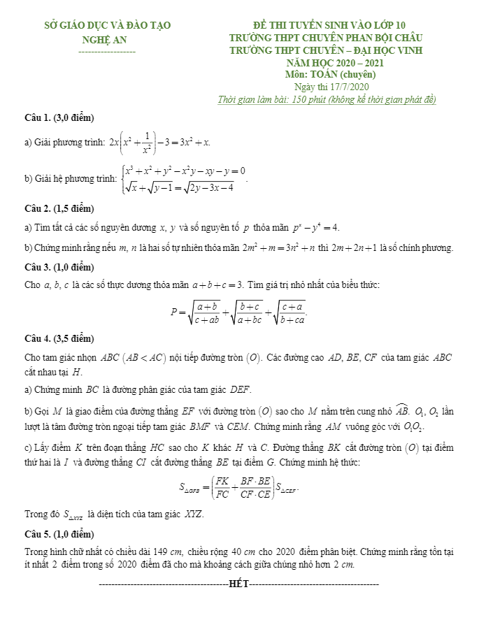 Đề thi vào lớp 10 chuyên môn Toán năm 2020 – 2021 sở GD&ĐT Nghệ An (chuyên)