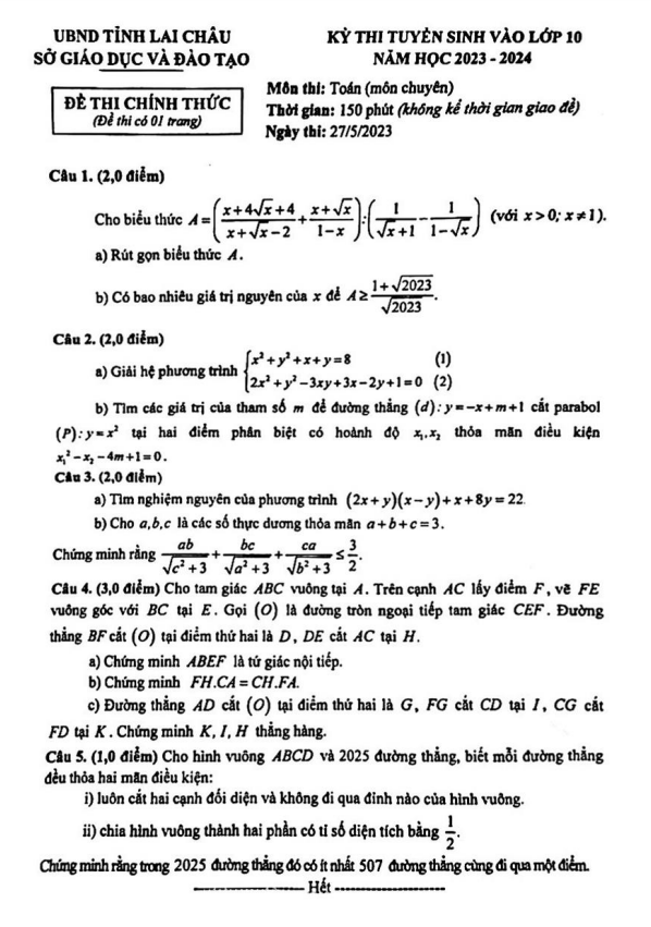 Đề thi vào lớp 10 môn Toán (chuyên) năm 2023 – 2024 sở GD&ĐT Lai Châu