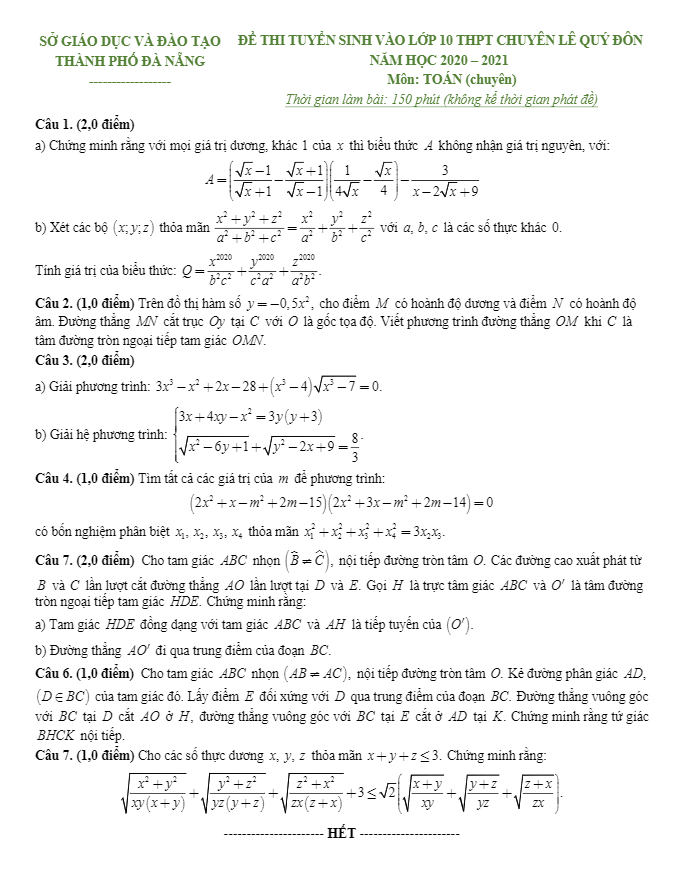 Đề thi vào lớp 10 môn Toán năm 2020 – 2021 trường chuyên Lê Quý Đôn – Đà Nẵng