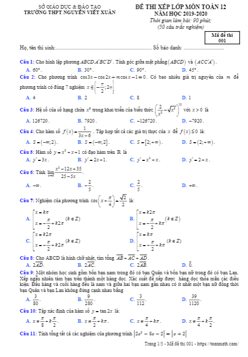 Đề thi xếp lớp Toán 12 năm 2019 – 2020 trường Nguyễn Viết Xuân – Vĩnh Phúc