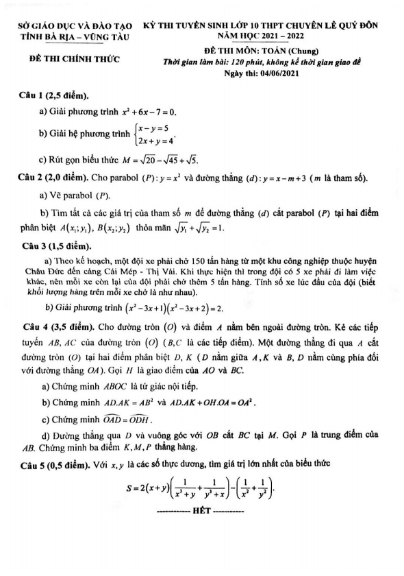 Đề Toán (chung) thi vào 10 năm 2021 – 2022 trường chuyên Lê Quý Đôn – BR VT