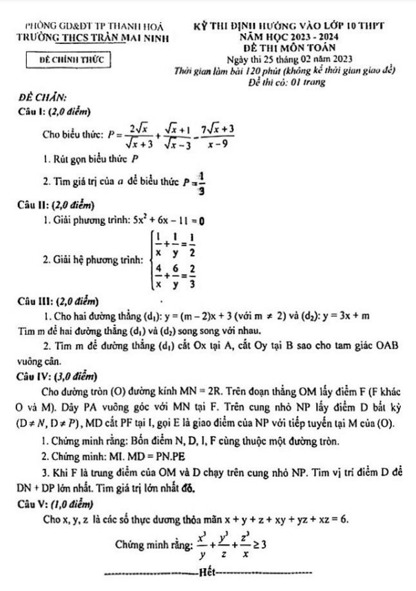 Đề Toán định hướng vào 10 năm 2023 – 2024 trường THCS Trần Mai Ninh – Thanh Hóa