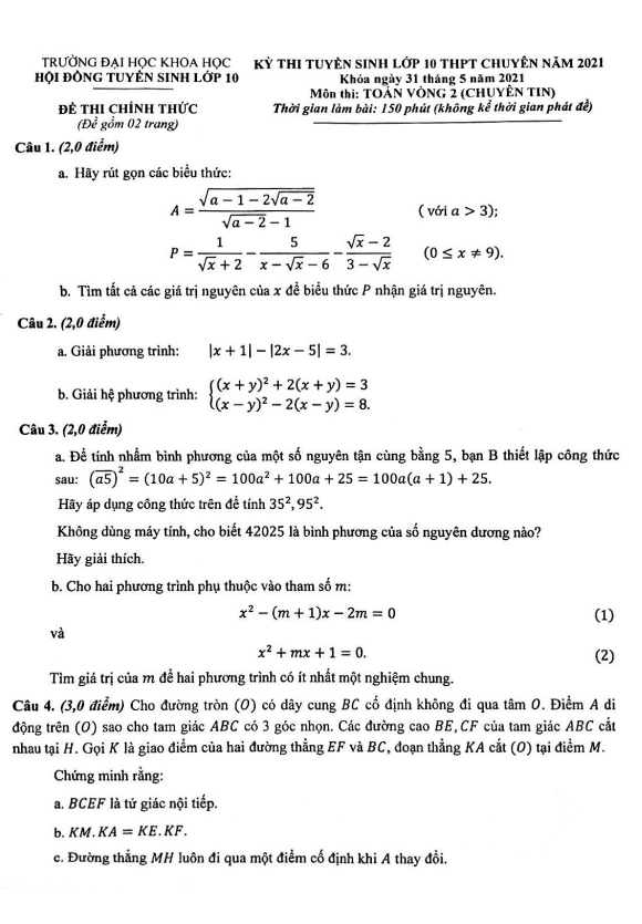 Đề Toán thi vào 10 chuyên năm 2021 trường ĐHKH Huế (vòng 2 – chuyên Tin)