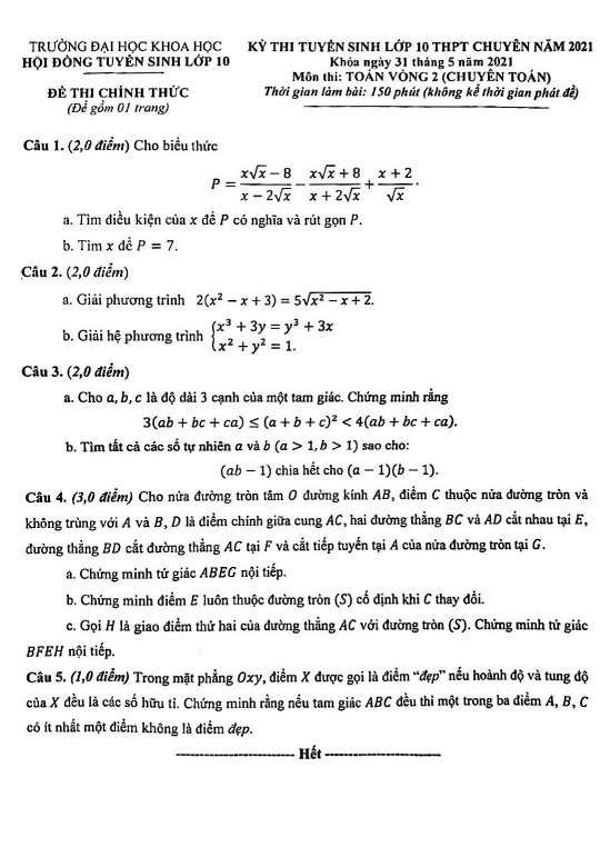 Đề Toán thi vào 10 chuyên năm 2021 trường ĐHKH Huế (vòng 2 – chuyên Toán)