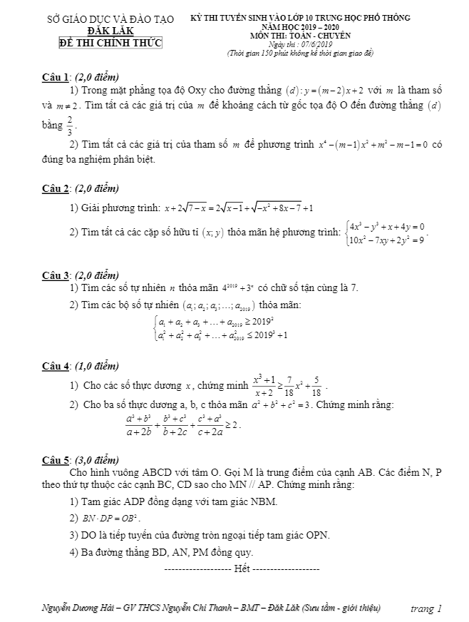 Đề Toán tuyển sinh lớp 10 chuyên năm 2019 – 2020 sở GD&ĐT Đắk Lắk