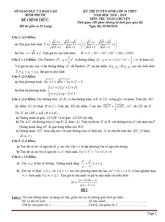 Đề Toán tuyển sinh lớp 10 năm 2018 – 2019 sở GD và ĐT Bình Phước (đề chuyên)
