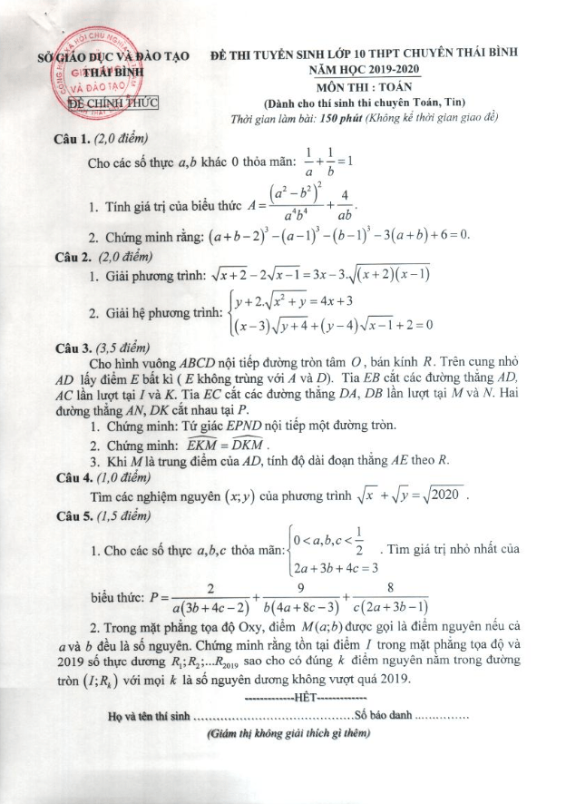 Đề Toán tuyển sinh lớp 10 năm 2019 – 2020 trường chuyên Thái Bình (Vòng 2)