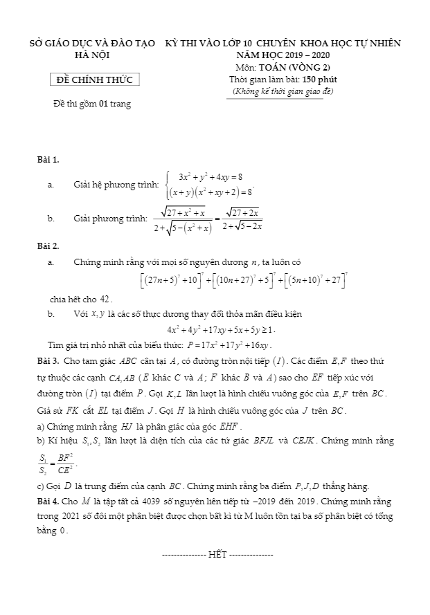 Đề Toán tuyển sinh lớp 10 năm 2019 trường chuyên KHTN – Hà Nội (Vòng 2)