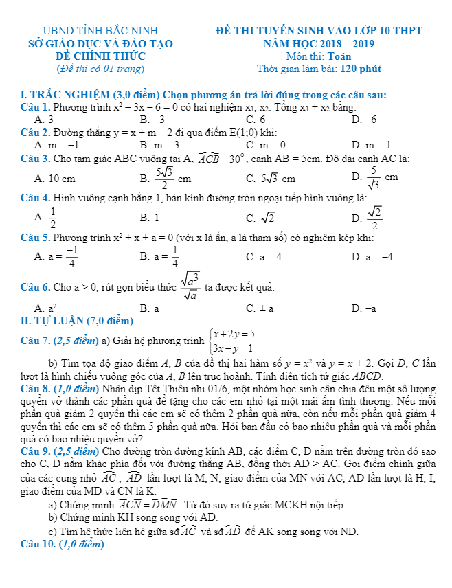 Đề Toán tuyển sinh lớp 10 THPT 2018 – 2019 sở GD và ĐT Bắc Ninh