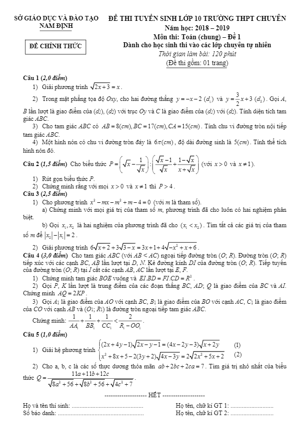 Đề Toán tuyển sinh lớp 10 THPT chuyên 2018 – 2019 sở GD và ĐT Nam Định (đề chung)