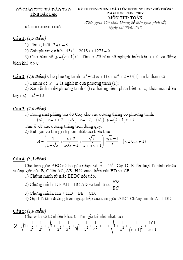 Đề Toán tuyển sinh lớp 10 THPT năm 2018 – 2019 sở GD và ĐT Đắk Lắk
