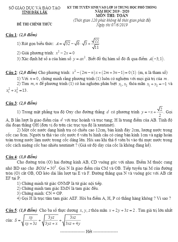 Đề Toán tuyển sinh lớp 10 THPT năm 2019 – 2020 sở GD và ĐT Đắk Lắk