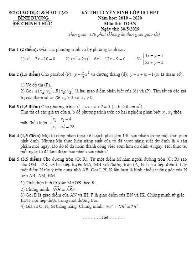 Đề Toán tuyển sinh lớp 10 THPT năm 2019 – 2020 sở GD&ĐT Bình Dương