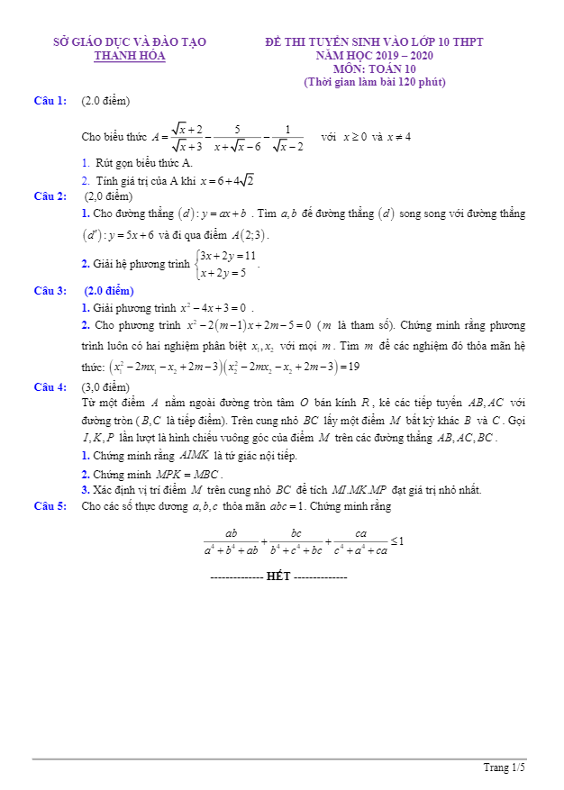 Đề Toán tuyển sinh lớp 10 THPT năm 2019 – 2020 sở GD&ĐT Thanh Hóa