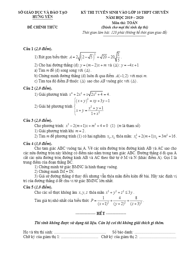 Đề Toán tuyển sinh vào 10 chuyên năm 2019 – 2020 sở GD&ĐT Hưng Yên (Đề chung)