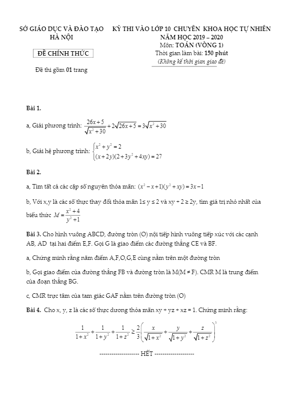 Đề Toán tuyển sinh vào lớp 10 năm 2019 trường THPT chuyên KHTN – Hà Nội