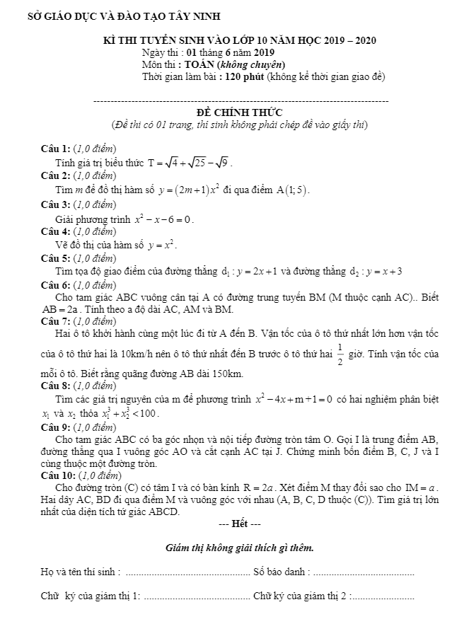 Đề Toán tuyển sinh vào lớp 10 năm học 2019 – 2020 sở GD&ĐT Tây Ninh