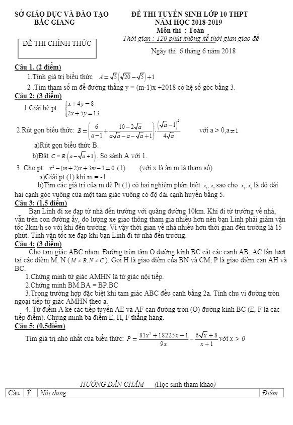 Đề Toán tuyển sinh vào lớp 10 THPT 2018 – 2019 sở GD và ĐT Bắc Giang