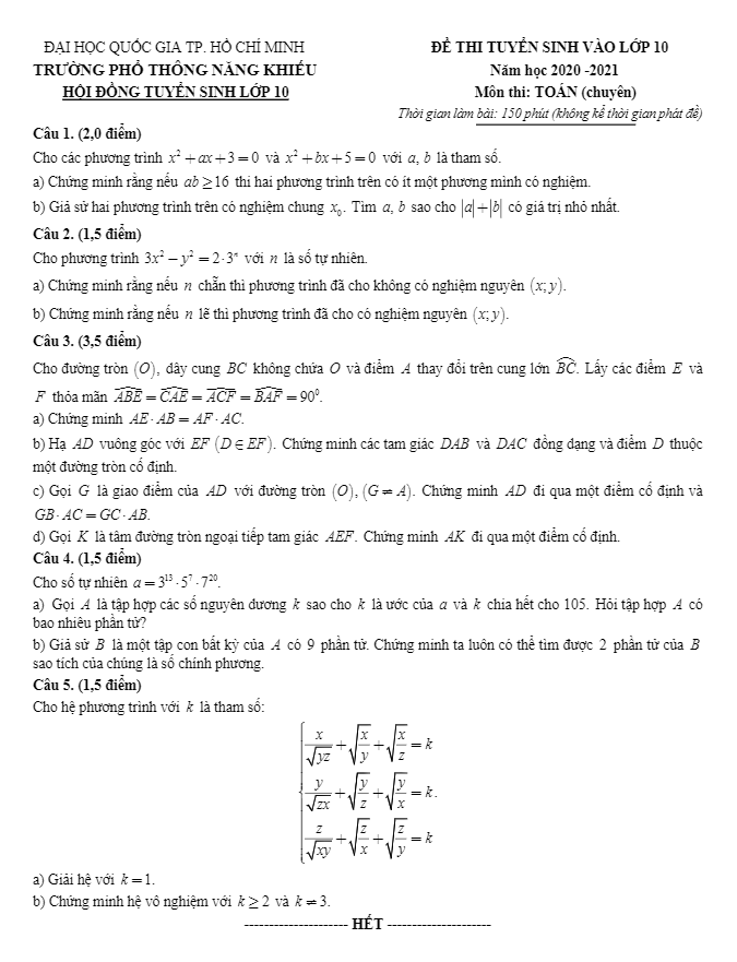 Đề tuyển sinh 10 môn Toán (chuyên) năm 2020 – 2021 trường PTNK – TP HCM