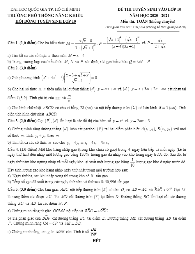 Đề tuyển sinh 10 môn Toán (không chuyên) năm 2020 – 2021 trường PTNK – TP HCM