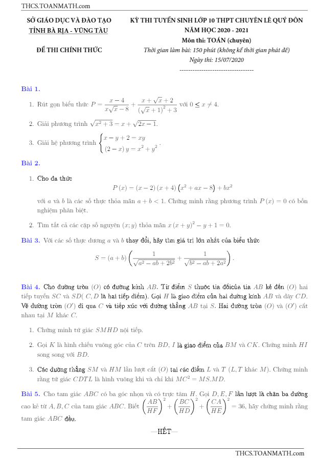 Đề tuyển sinh 10 môn Toán năm 2020 – 2021 trường chuyên Lê Quý Đôn – BR VT
