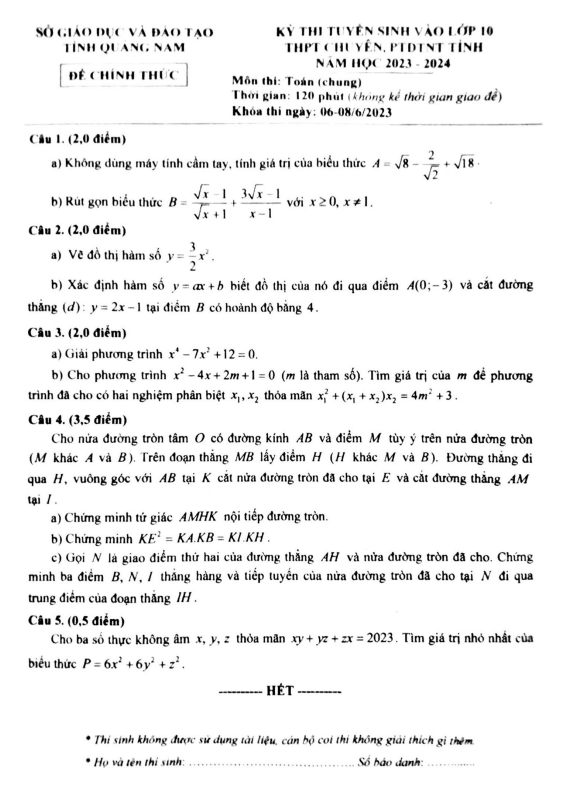 Đề tuyển sinh lớp 10 chuyên môn Toán (chung) năm 2023 – 2024 sở GD&ĐT Quảng Nam