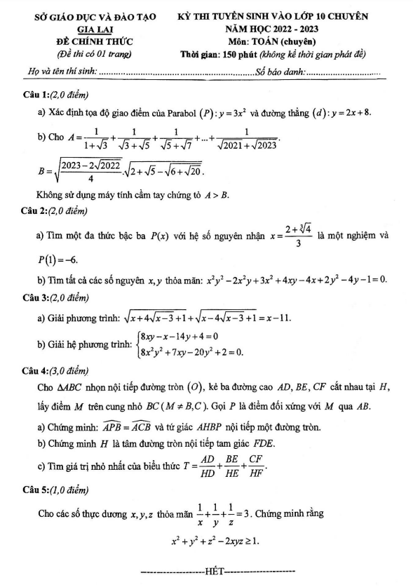 Đề tuyển sinh lớp 10 chuyên môn Toán (chuyên) 2022 – 2023 sở GD&ĐT Gia Lai