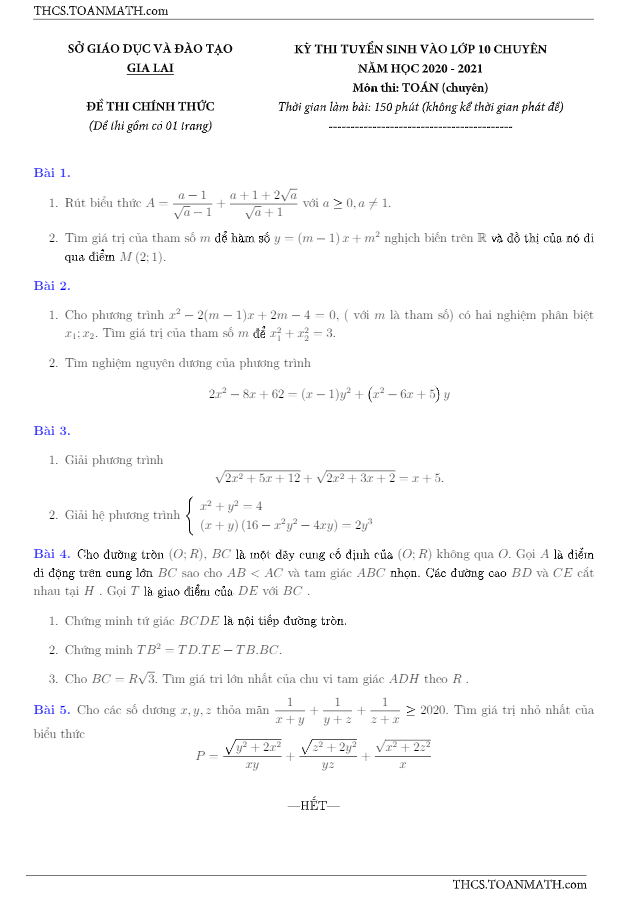 Đề tuyển sinh lớp 10 chuyên môn Toán (chuyên) năm 2020 – 2021 sở GD&ĐT Gia Lai