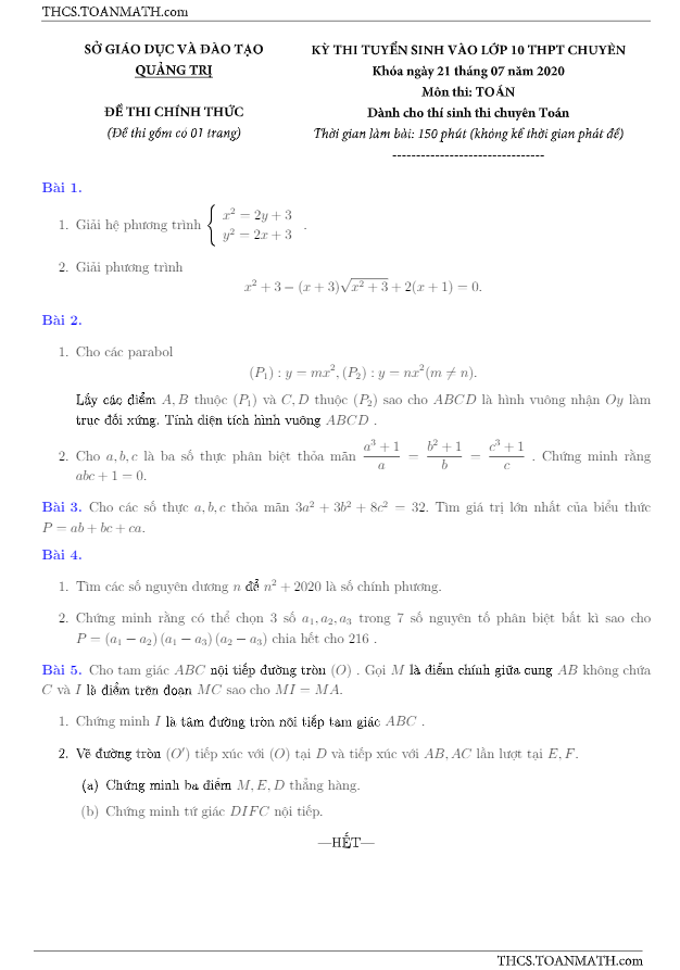 Đề tuyển sinh lớp 10 chuyên môn Toán (chuyên) năm 2020 – 2021 sở GD&ĐT Quảng Trị