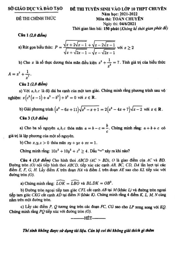 Đề tuyển sinh lớp 10 chuyên môn Toán (chuyên) năm 2021 – 2022 sở GD&ĐT Bình Dương