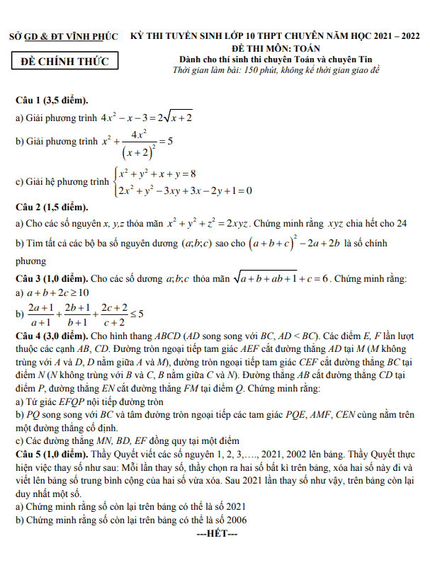 Đề tuyển sinh lớp 10 chuyên môn Toán (chuyên) năm 2021 – 2022 sở GD&ĐT Vĩnh Phúc