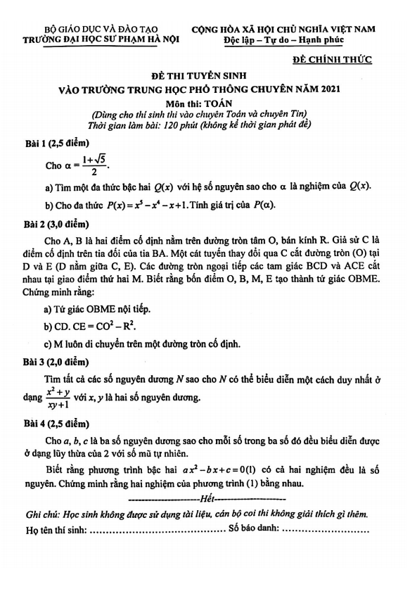 Đề tuyển sinh lớp 10 chuyên môn Toán (chuyên) năm 2021 trường ĐHSP Hà Nội