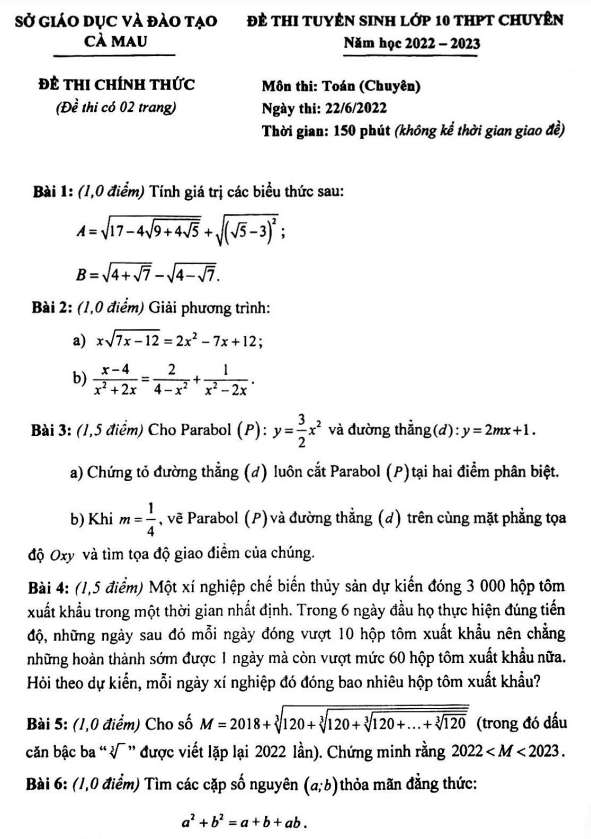 Đề tuyển sinh lớp 10 chuyên môn Toán (chuyên) năm 2022 – 2023 sở GD&ĐT Cà Mau