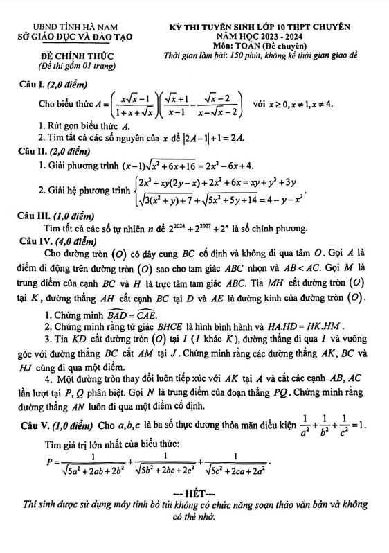 Đề tuyển sinh lớp 10 chuyên môn Toán (chuyên) năm 2023 – 2024 sở GD&ĐT Hà Nam