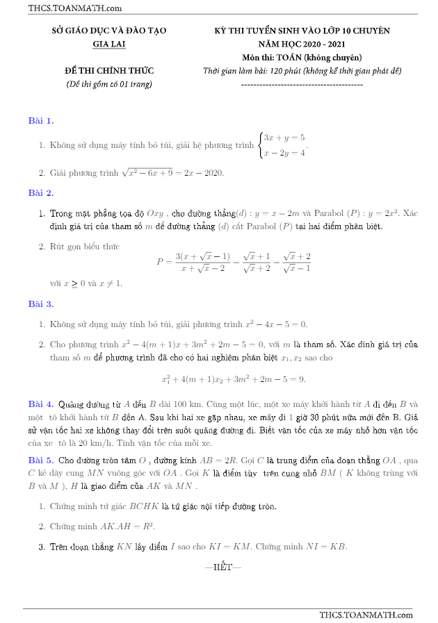 Đề tuyển sinh lớp 10 chuyên môn Toán (không chuyên) năm 2020 – 2021 sở GD&ĐT Gia Lai