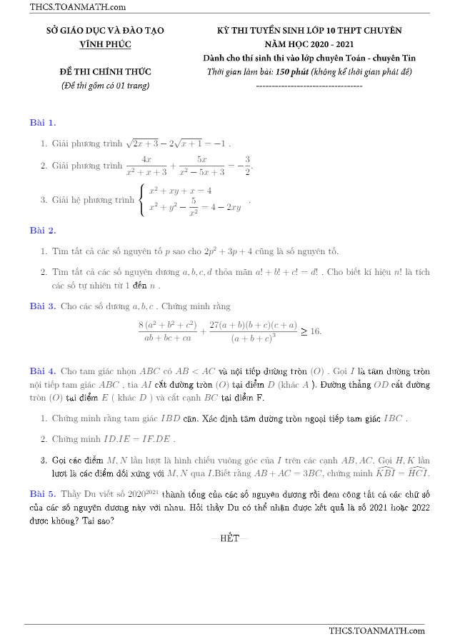 Đề tuyển sinh lớp 10 chuyên môn Toán năm 2020 – 2021 sở GD&ĐT Vĩnh Phúc (chuyên)