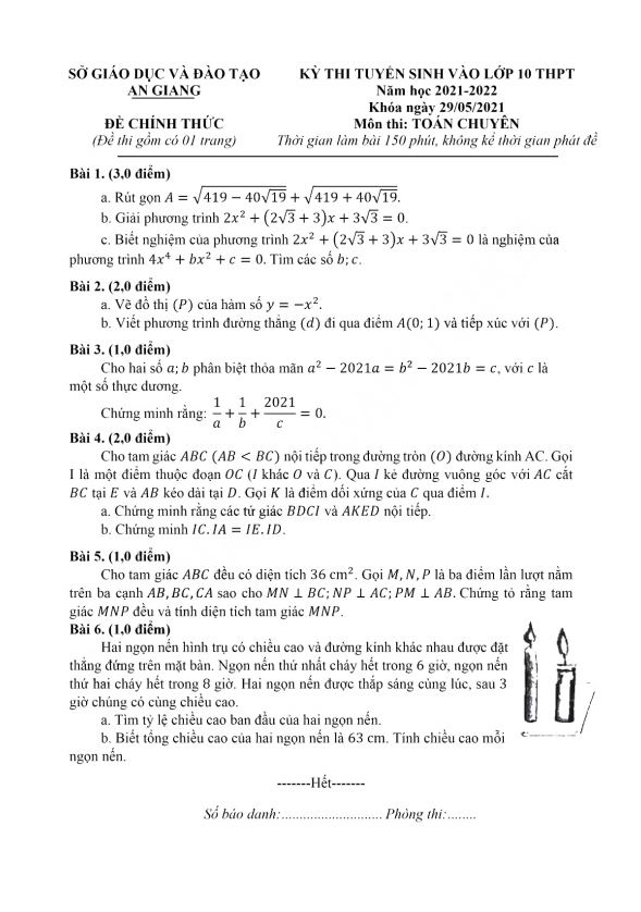 Đề tuyển sinh lớp 10 chuyên môn Toán năm 2021 – 2022 sở GD&ĐT An Giang