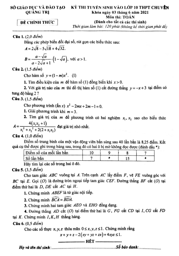 Đề tuyển sinh lớp 10 chuyên môn Toán năm 2021 – 2022 sở GD&ĐT Quảng Trị
