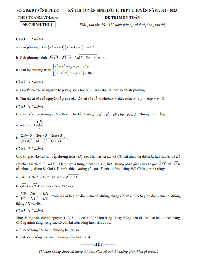 Đề tuyển sinh lớp 10 chuyên môn Toán năm 2022 – 2023 sở GD&ĐT Vĩnh Phúc