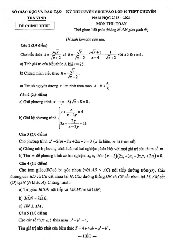Đề tuyển sinh lớp 10 chuyên môn Toán năm 2023 – 2024 sở GD&ĐT Trà Vinh