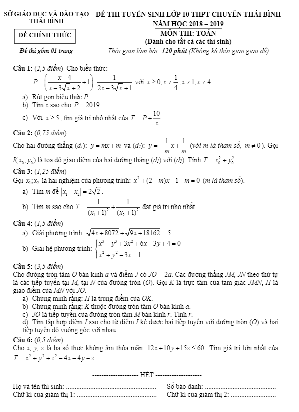 Đề tuyển sinh lớp 10 chuyên năm 2018 – 2019 môn Toán sở GD và ĐT Thái Bình (đề chung)