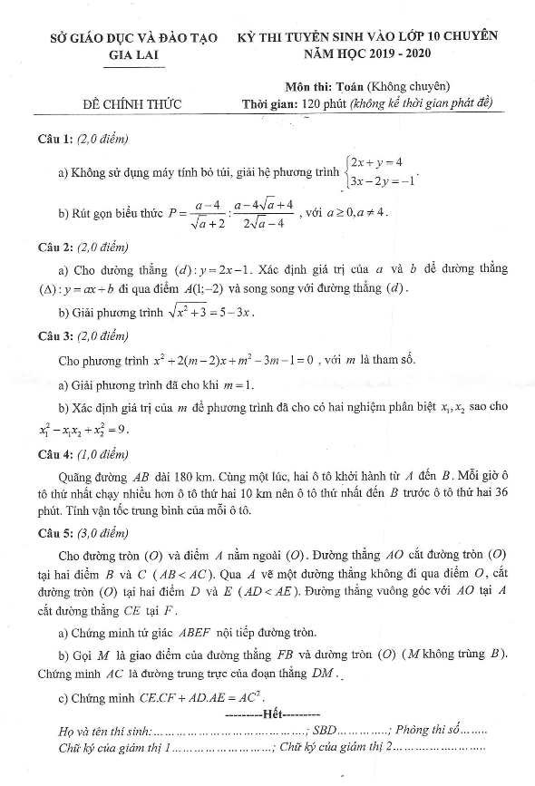 Đề tuyển sinh lớp 10 chuyên năm 2019 – 2020 môn Toán sở GD&ĐT Gia Lai