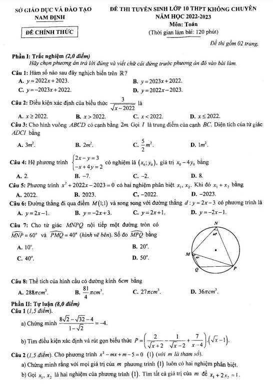 Đề tuyển sinh lớp 10 không chuyên môn Toán năm 2022 – 2023 sở GD&ĐT Nam Định