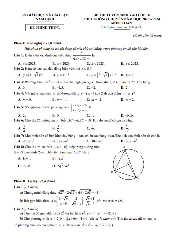 Đề tuyển sinh lớp 10 không chuyên môn Toán năm 2023 – 2024 sở GD&ĐT Nam Định